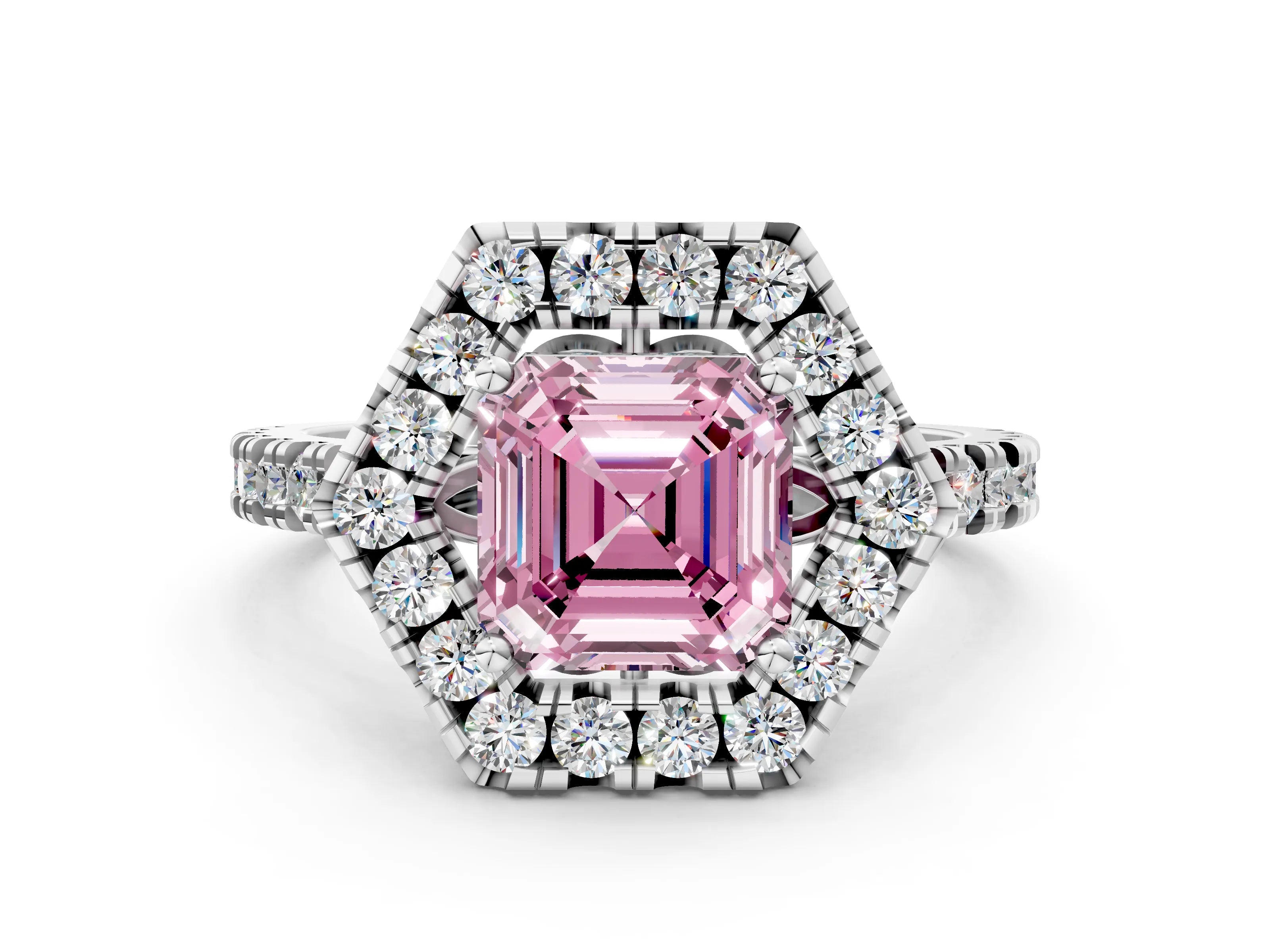White gold Hexagonal Halo Fancy Pink Asscher Cut Diamond Pavé Band with Four-Prong Setting