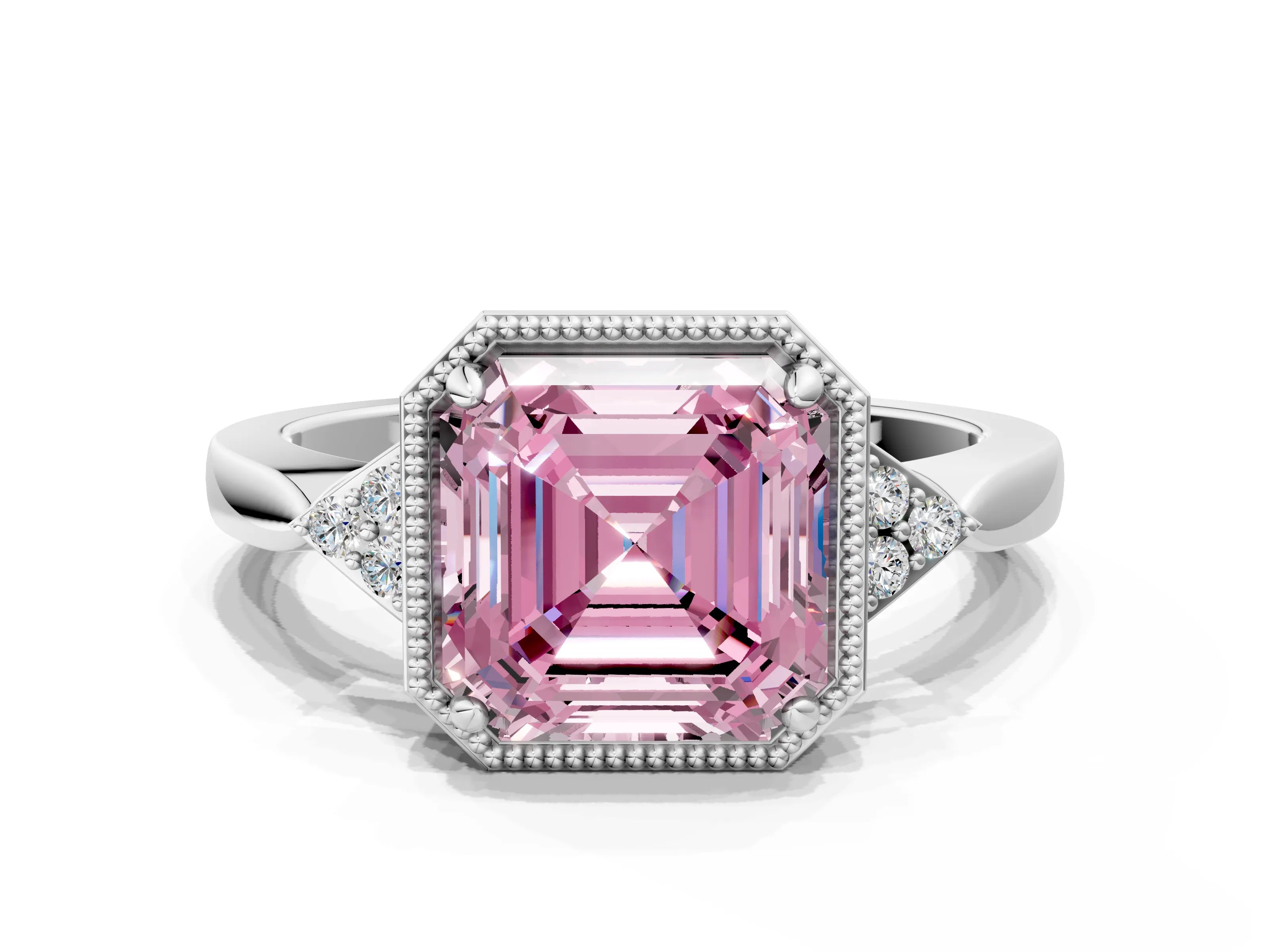 White gold Hexagonal Halo Fancy Pink Asscher Cut Diamond Solitaire with Pavé Band and Four-Prong Setting_15