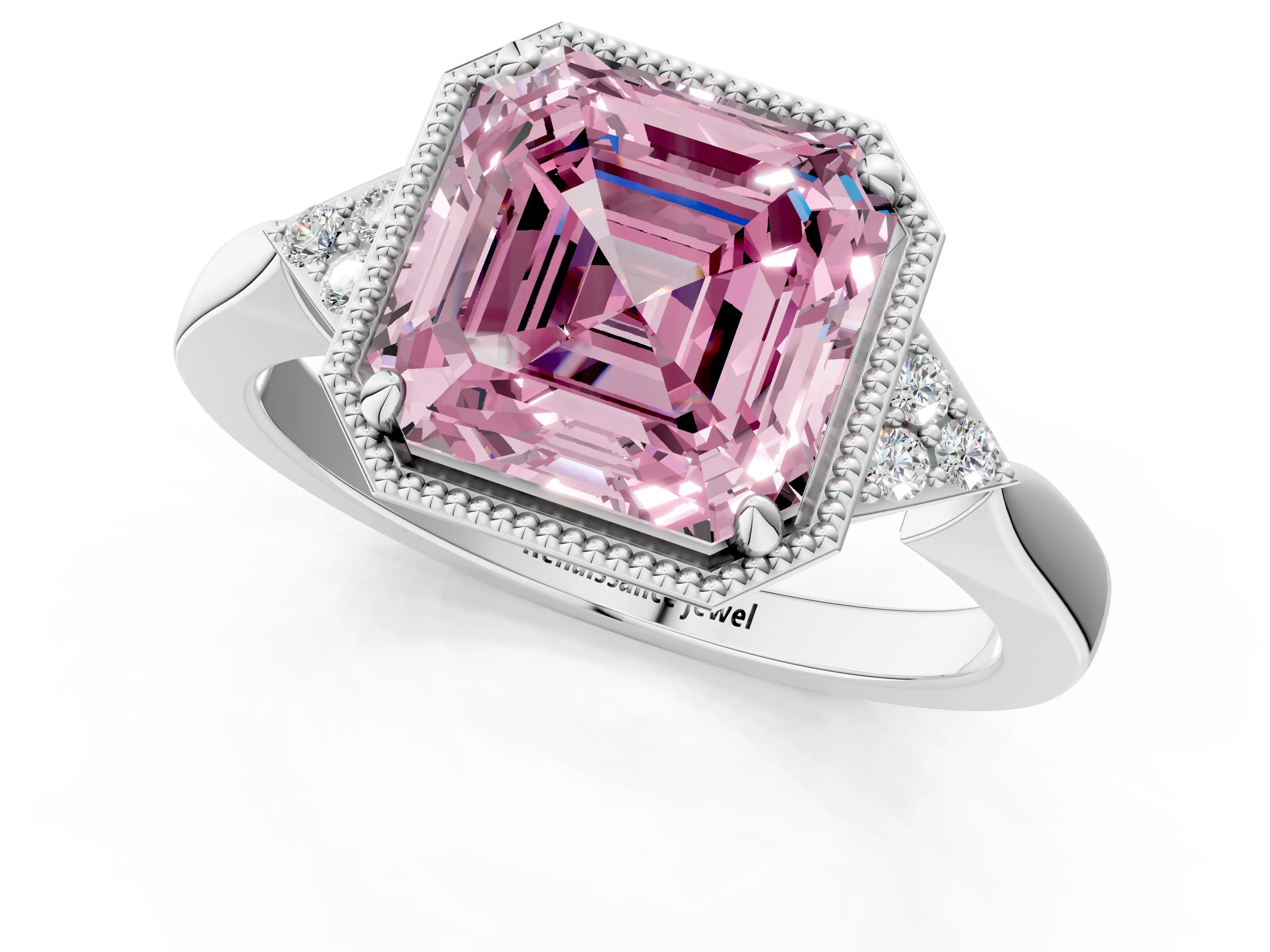 White gold Hexagonal Halo Fancy Pink Asscher Cut Diamond Solitaire with Pavé Band and Four-Prong Setting_16