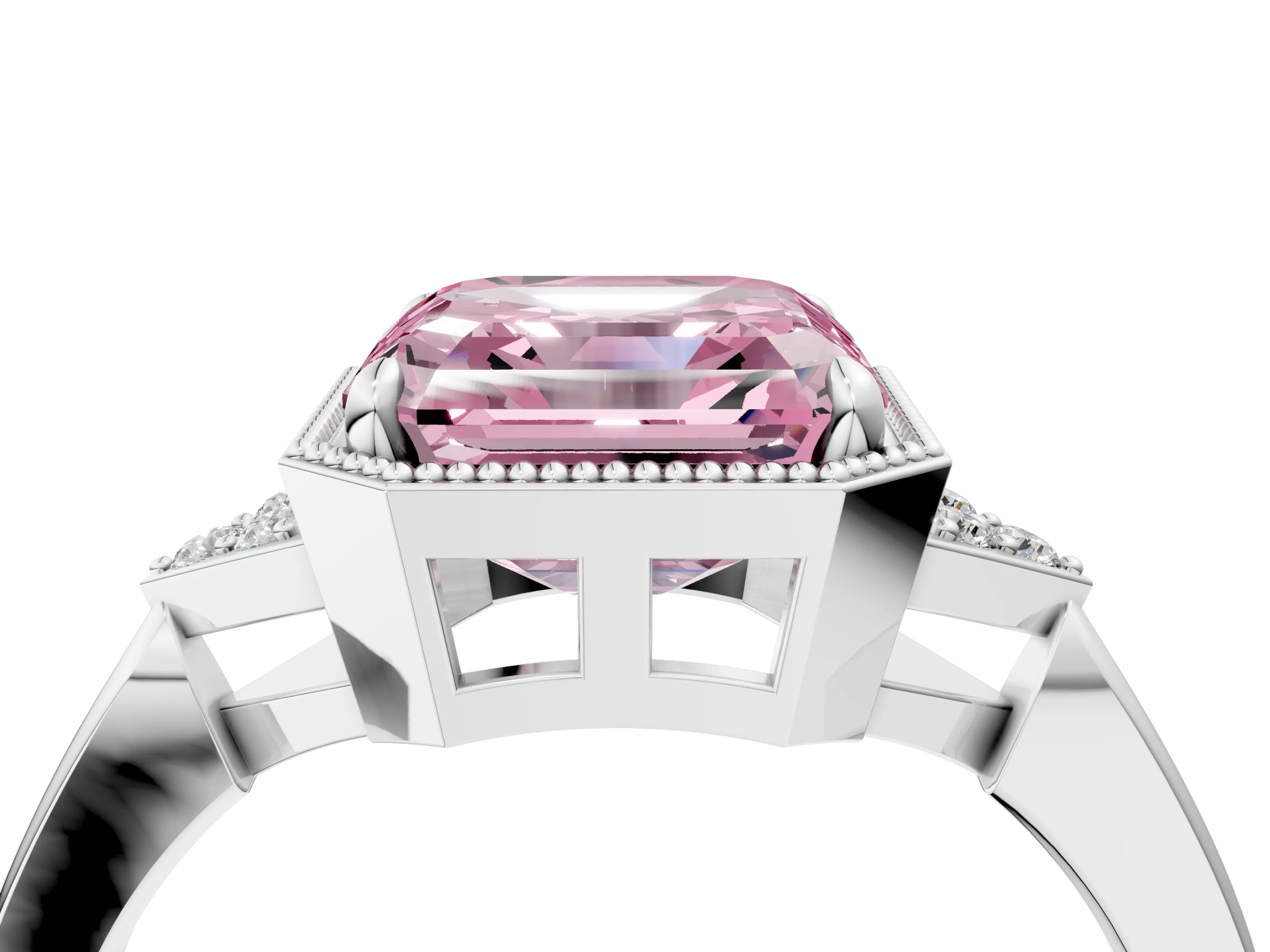 White gold Hexagonal Halo Fancy Pink Asscher Cut Diamond Solitaire with Pavé Band and Four-Prong Setting_19