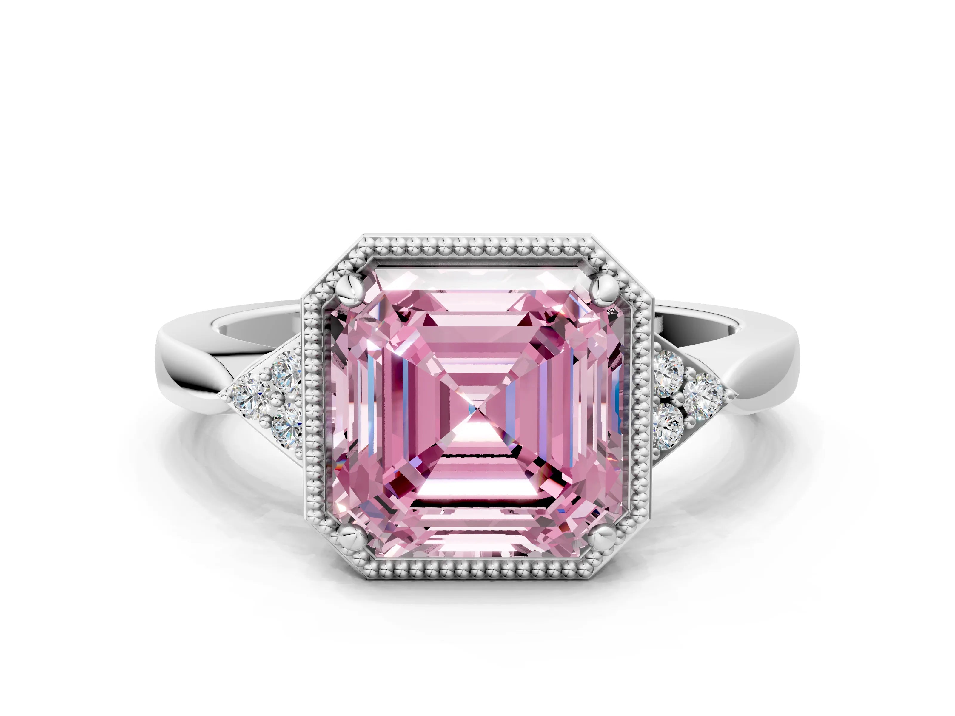 White gold Hexagonal Halo Fancy Pink Asscher Cut Diamond Solitaire with Pavé Band and Four-Prong Setting_3