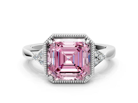 White gold Hexagonal Halo Fancy Pink Asscher Cut Diamond Solitaire with Pavé Band and Four-Prong Setting_3