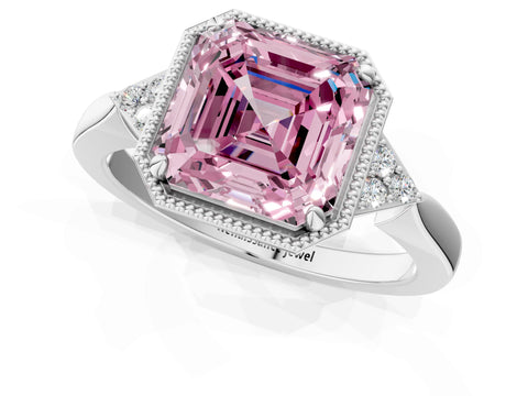 White gold Hexagonal Halo Fancy Pink Asscher Cut Diamond Solitaire with Pavé Band and Four-Prong Setting_4