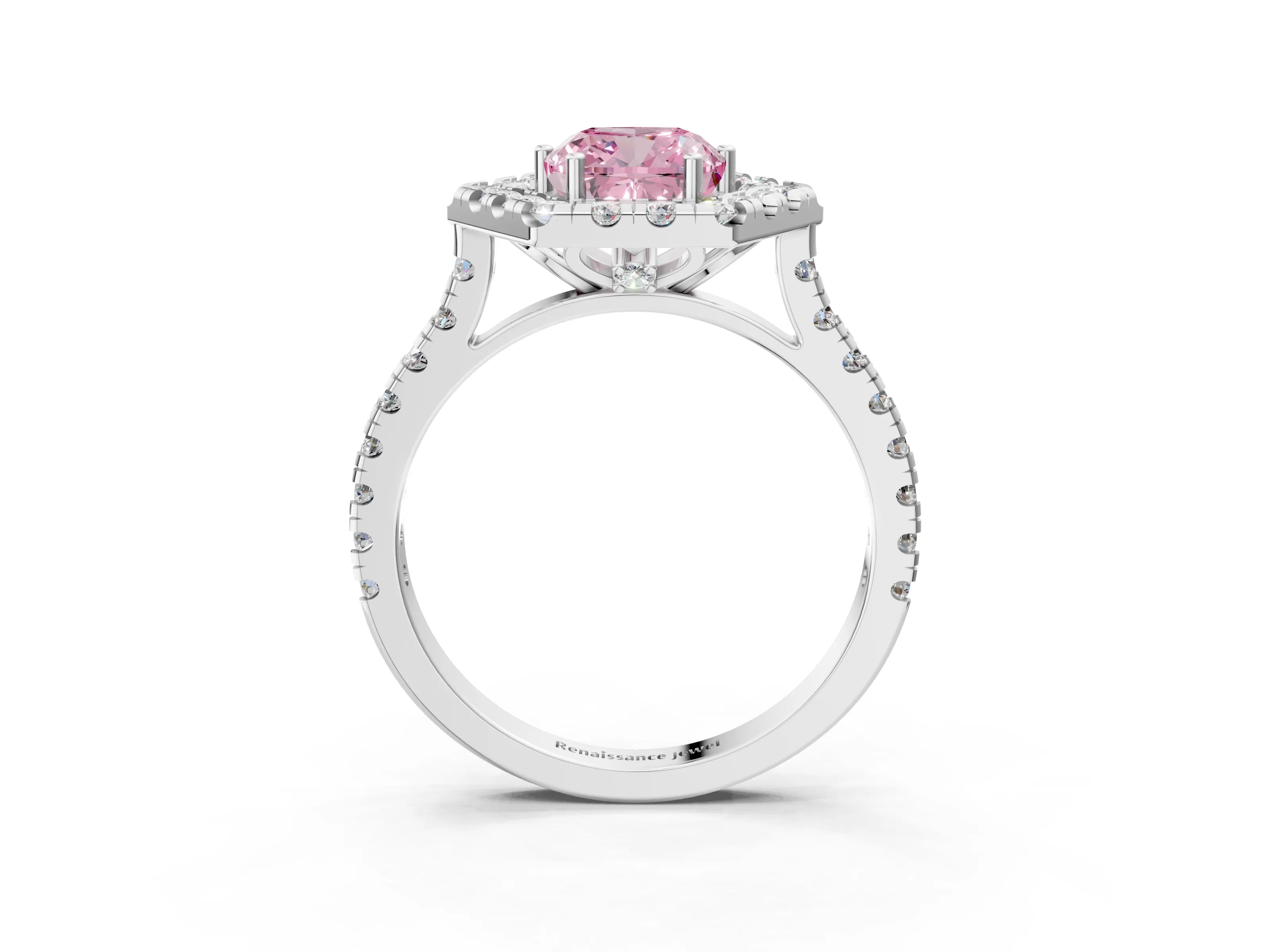 White gold Hexagonal Halo Fancy Pink Cushion Cut Diamond Pavé Band with Four-Prong Setting_3