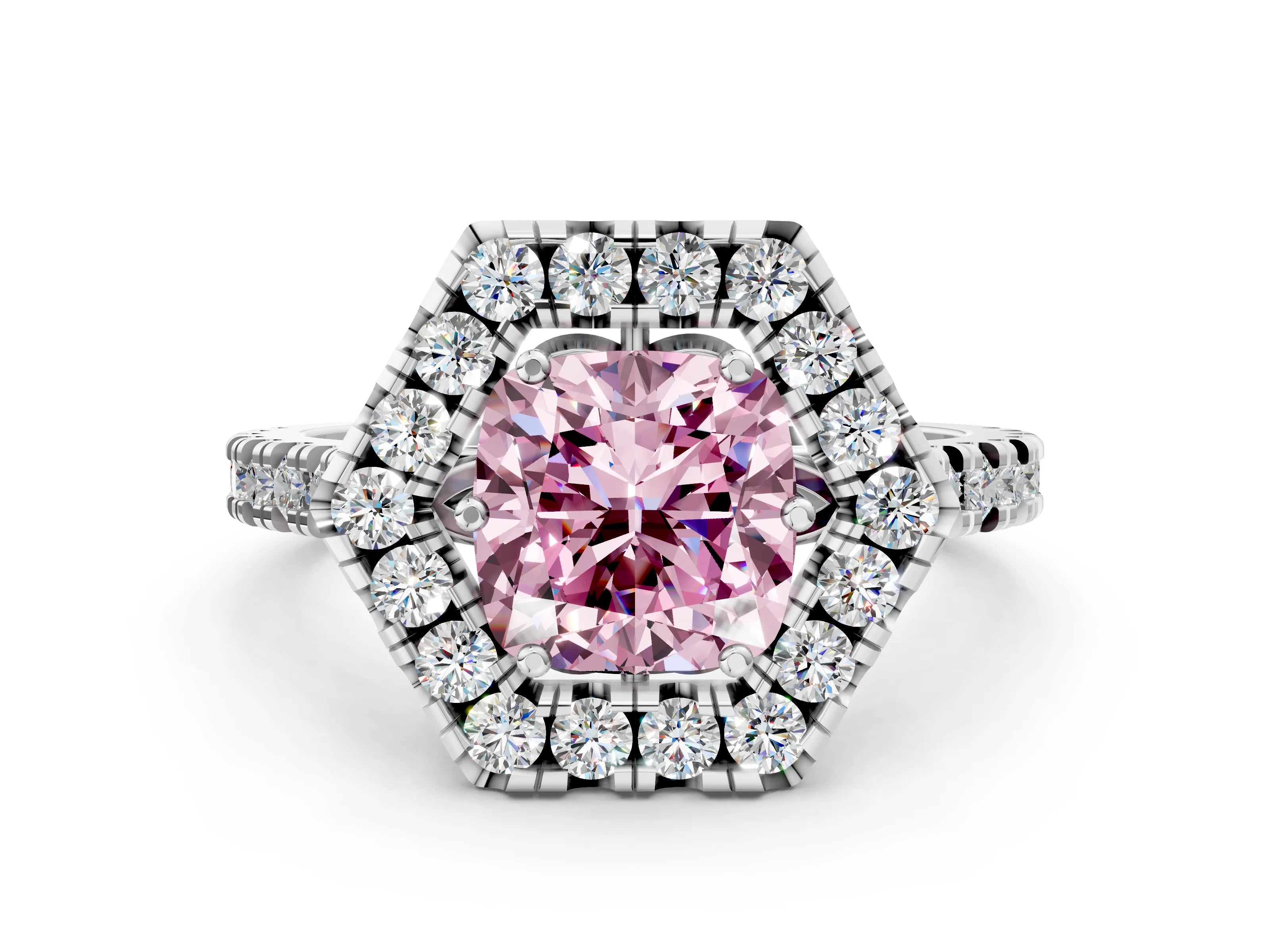 White gold Hexagonal Halo Fancy Pink Cushion Cut Diamond Pavé Band with Four-Prong Setting