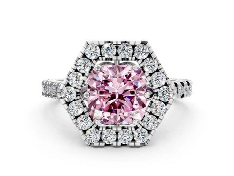 White gold Hexagonal Halo Fancy Pink Cushion Cut Diamond Pavé Band with Four-Prong Setting