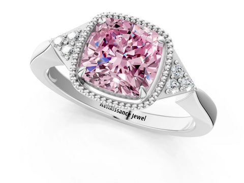 White gold Hexagonal Halo Fancy Pink Cushion Cut Diamond Solitaire with Pavé Band and Four-Prong Setting_16