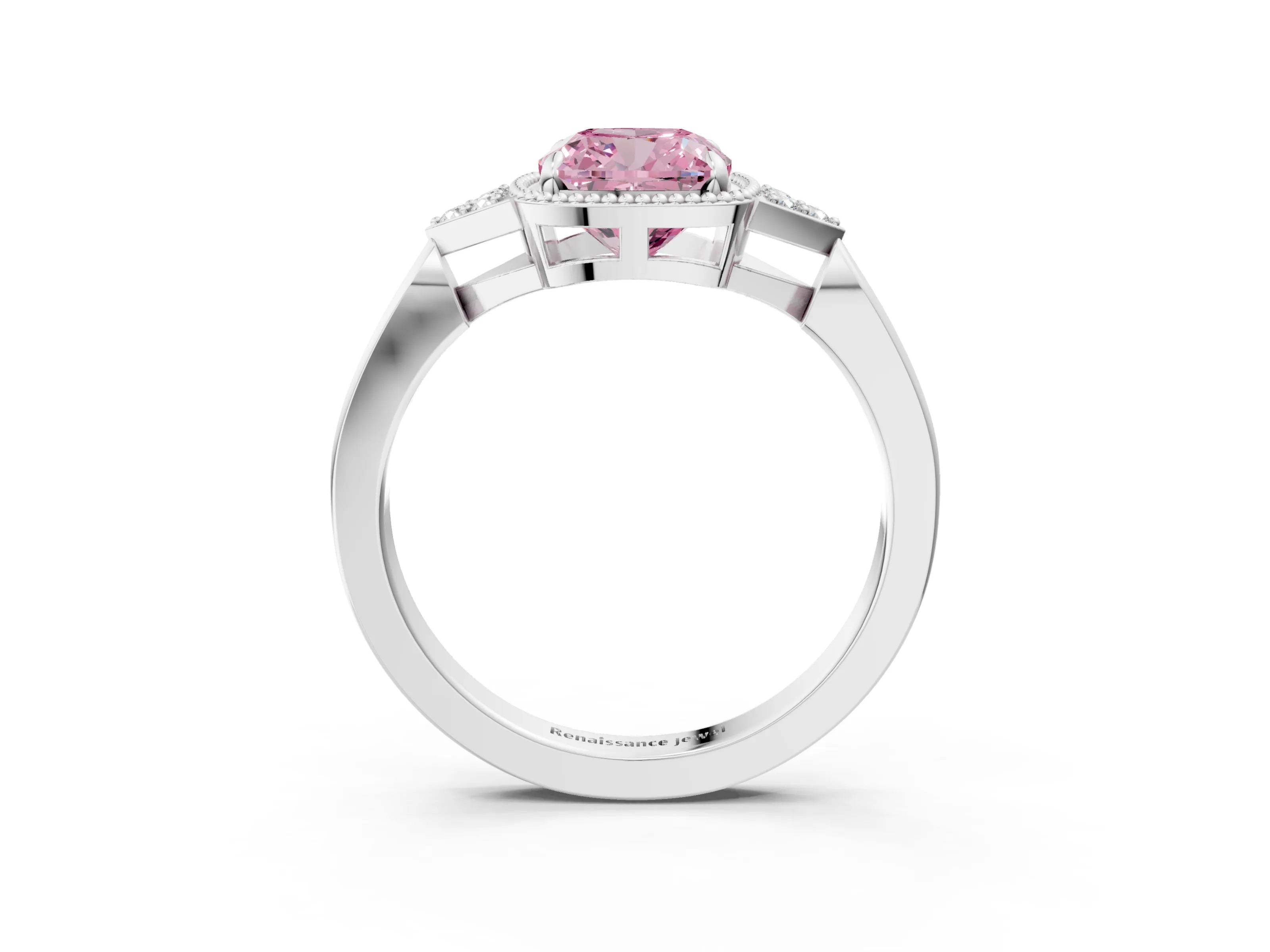 White gold Hexagonal Halo Fancy Pink Cushion Cut Diamond Solitaire with Pavé Band and Four-Prong Setting_18