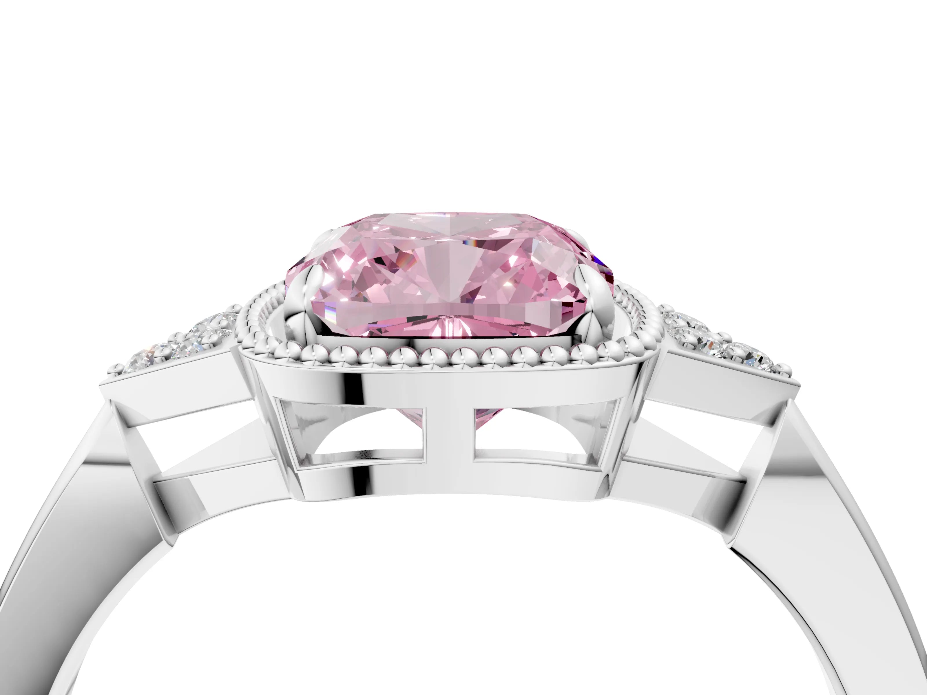 White gold Hexagonal Halo Fancy Pink Cushion Cut Diamond Solitaire with Pavé Band and Four-Prong Setting_19