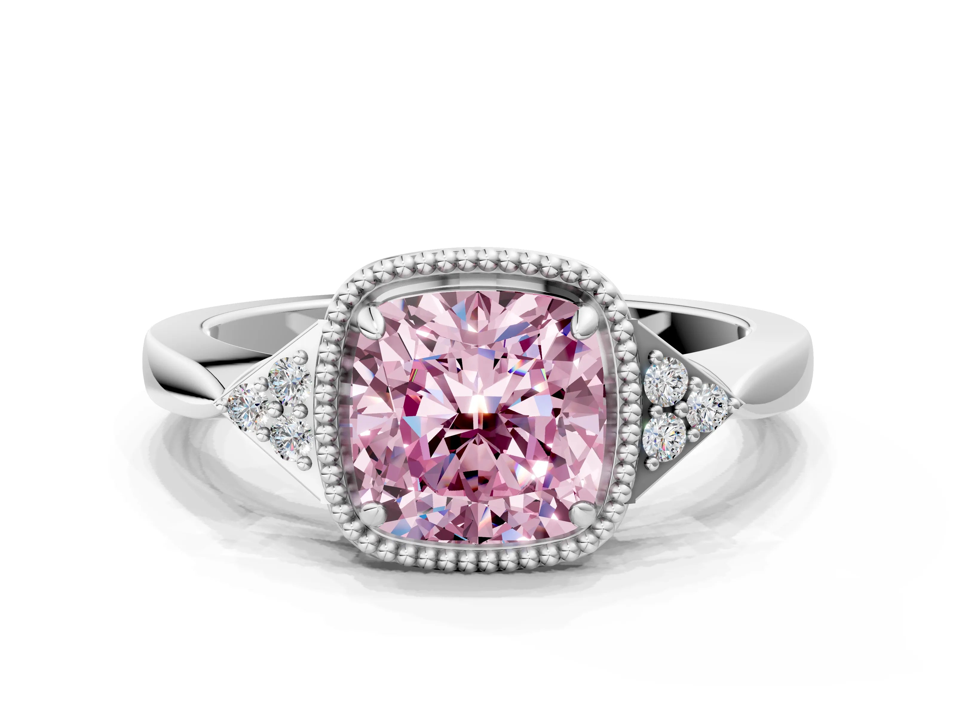 White gold Hexagonal Halo Fancy Pink Cushion Cut Diamond Solitaire with Pavé Band and Four-Prong Setting_3