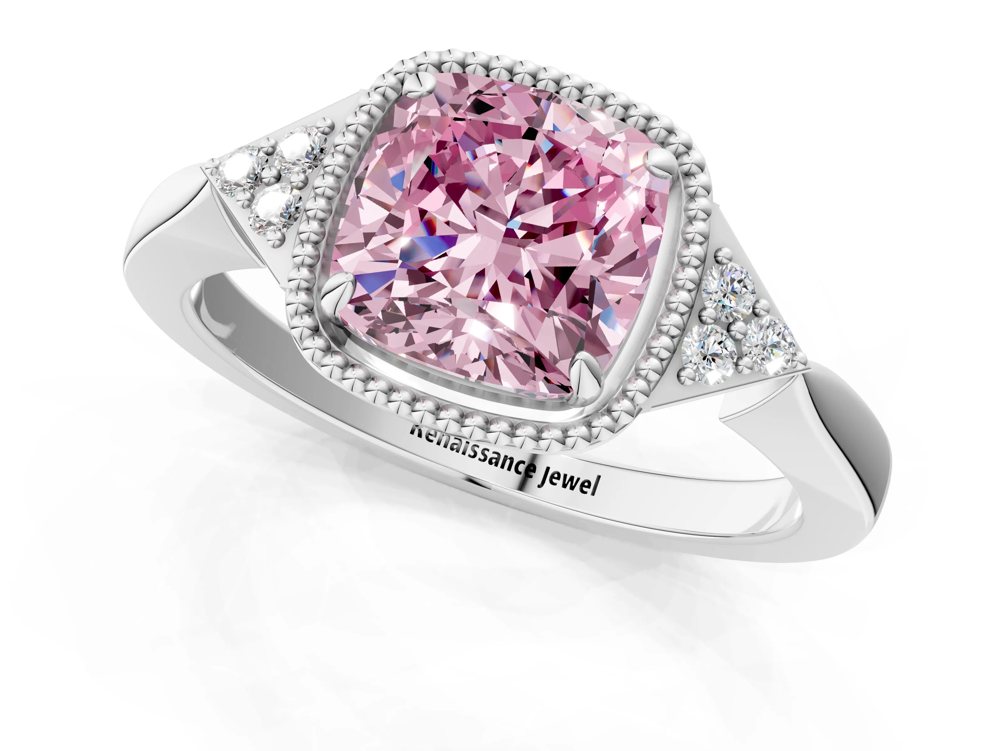 White gold Hexagonal Halo Fancy Pink Cushion Cut Diamond Solitaire with Pavé Band and Four-Prong Setting_4