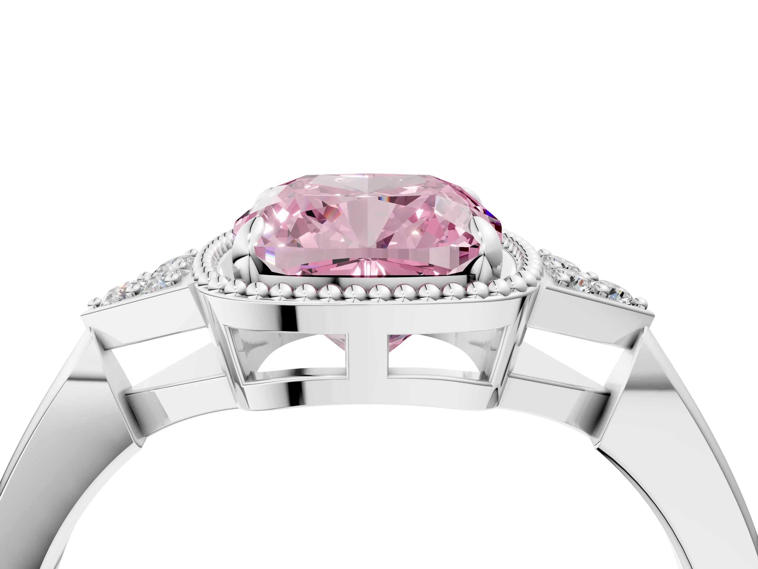 White gold Hexagonal Halo Fancy Pink Cushion Cut Diamond Solitaire with Pavé Band and Four-Prong Setting_7