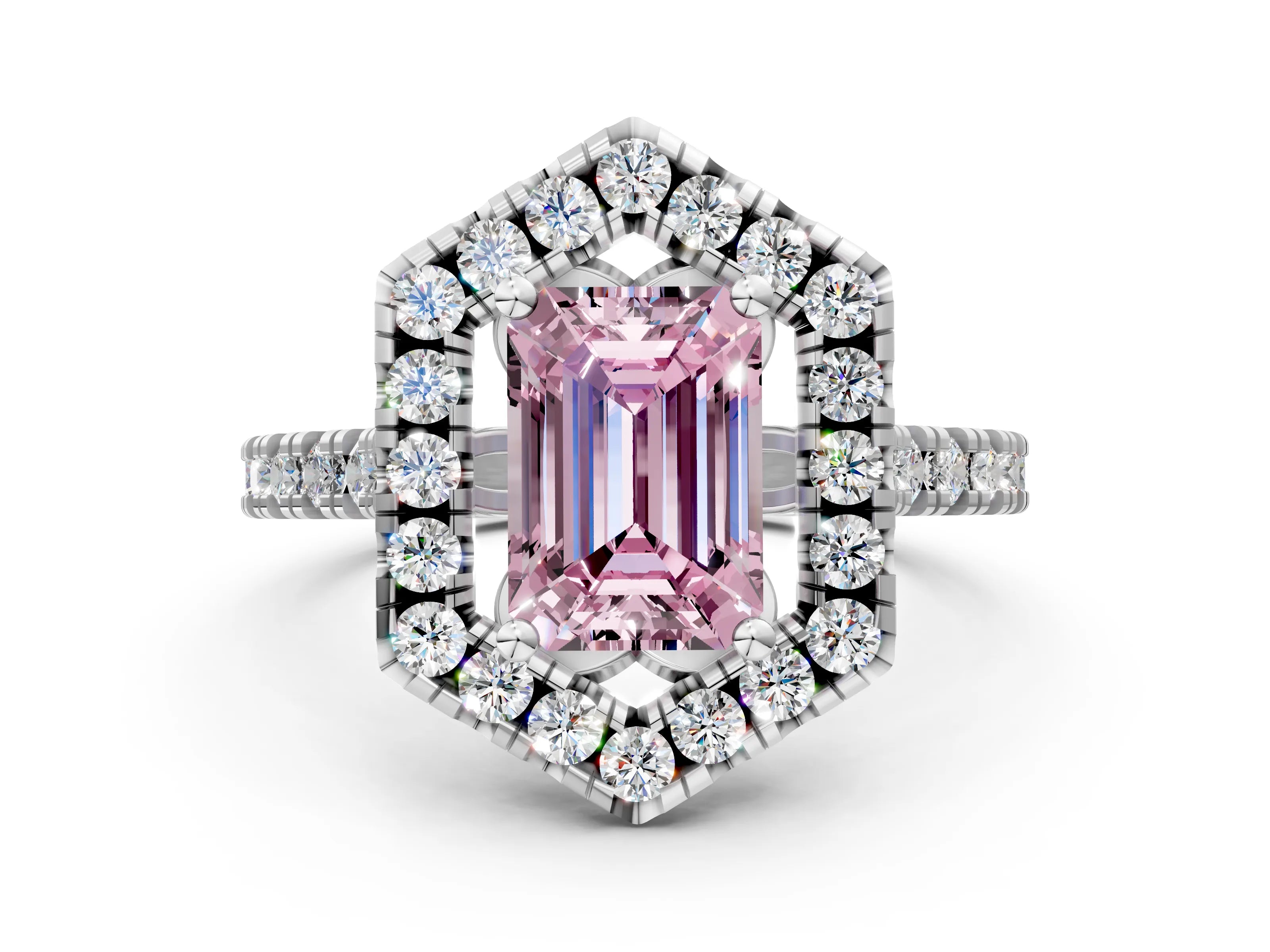 White gold Hexagonal Halo Fancy Pink Emerald Cut Diamond Pavé Band with Four-Prong Setting_12