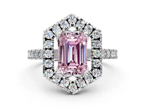 White gold Hexagonal Halo Fancy Pink Emerald Cut Diamond Pavé Band with Four-Prong Setting_12