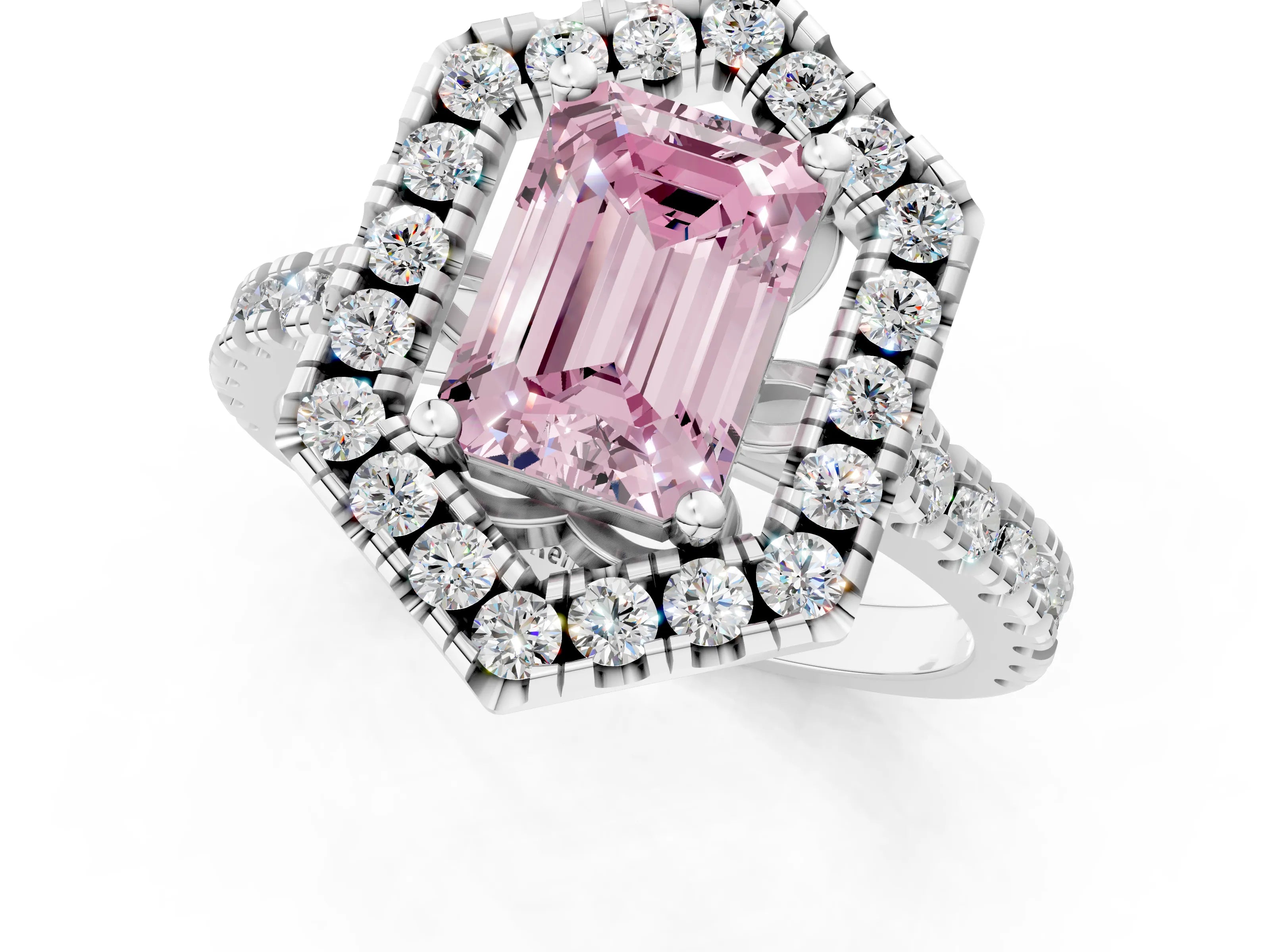 White gold Hexagonal Halo Fancy Pink Emerald Cut Diamond Pavé Band with Four-Prong Setting_13
