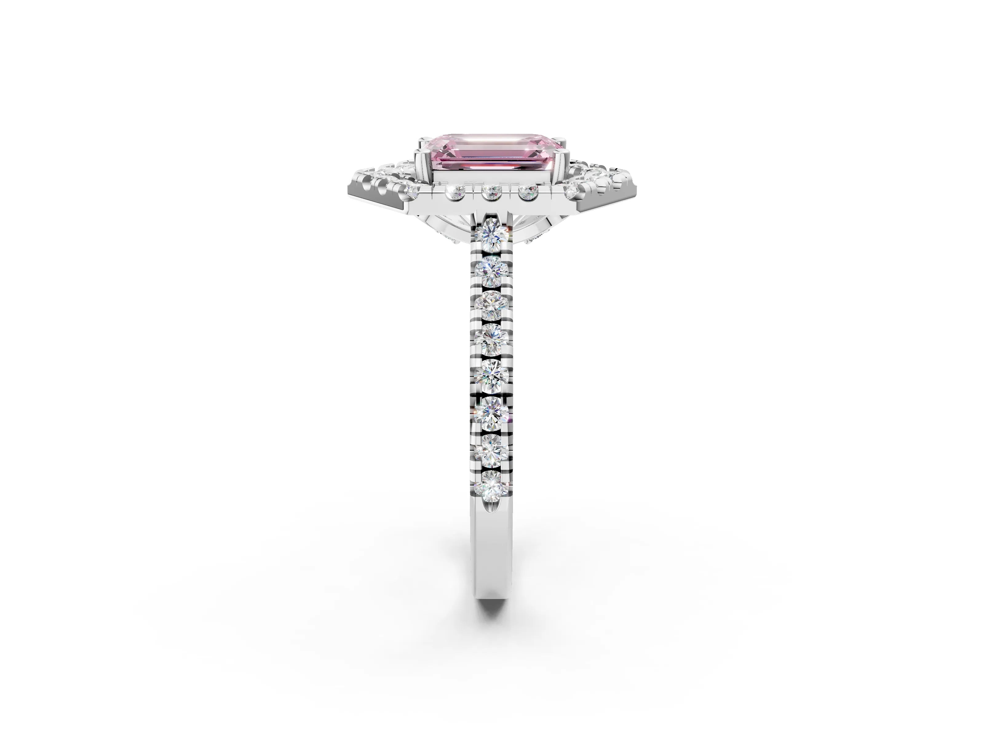 White gold Hexagonal Halo Fancy Pink Emerald Cut Diamond Pavé Band with Four-Prong Setting_14