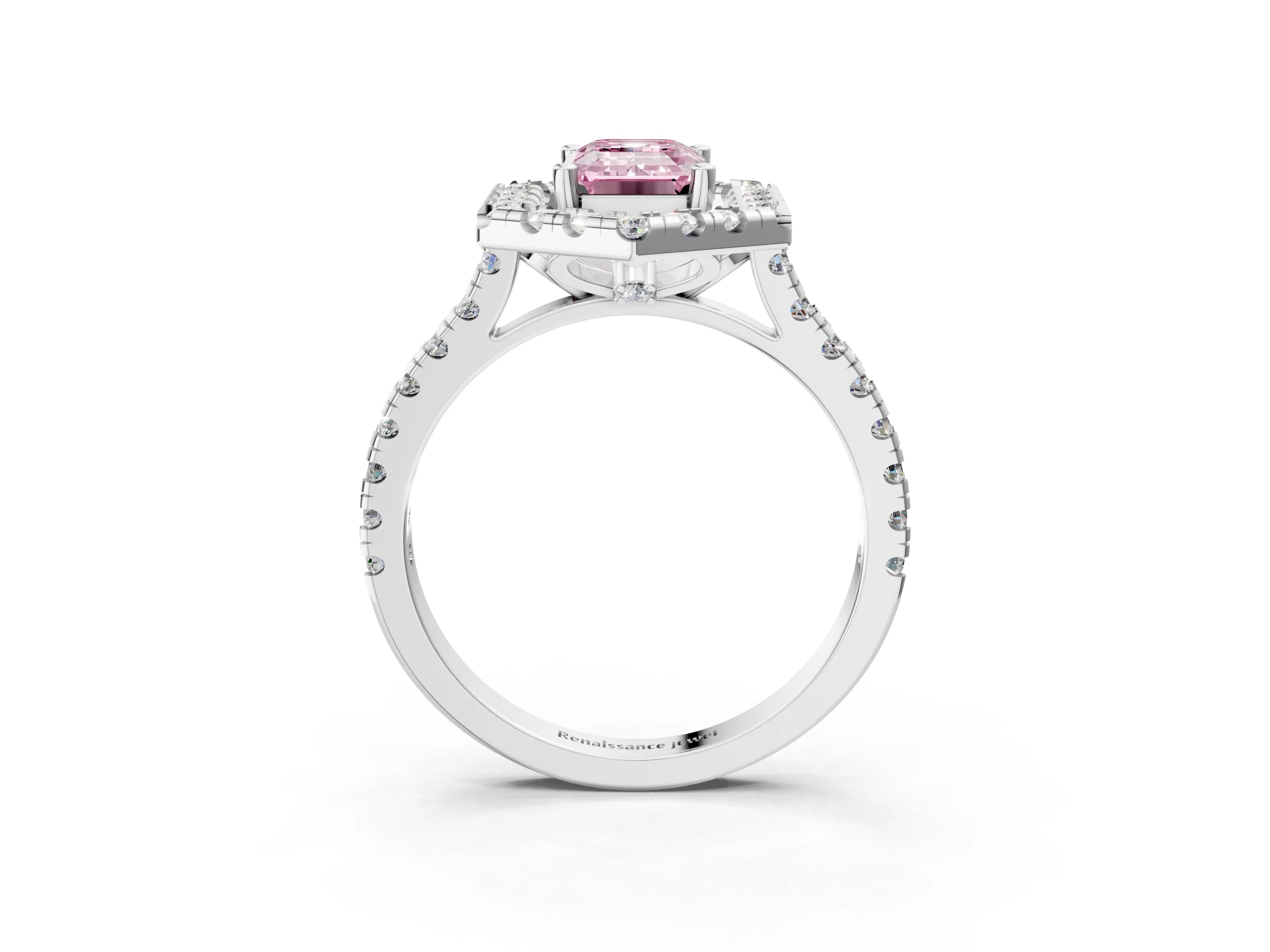 White gold Hexagonal Halo Fancy Pink Emerald Cut Diamond Pavé Band with Four-Prong Setting_15