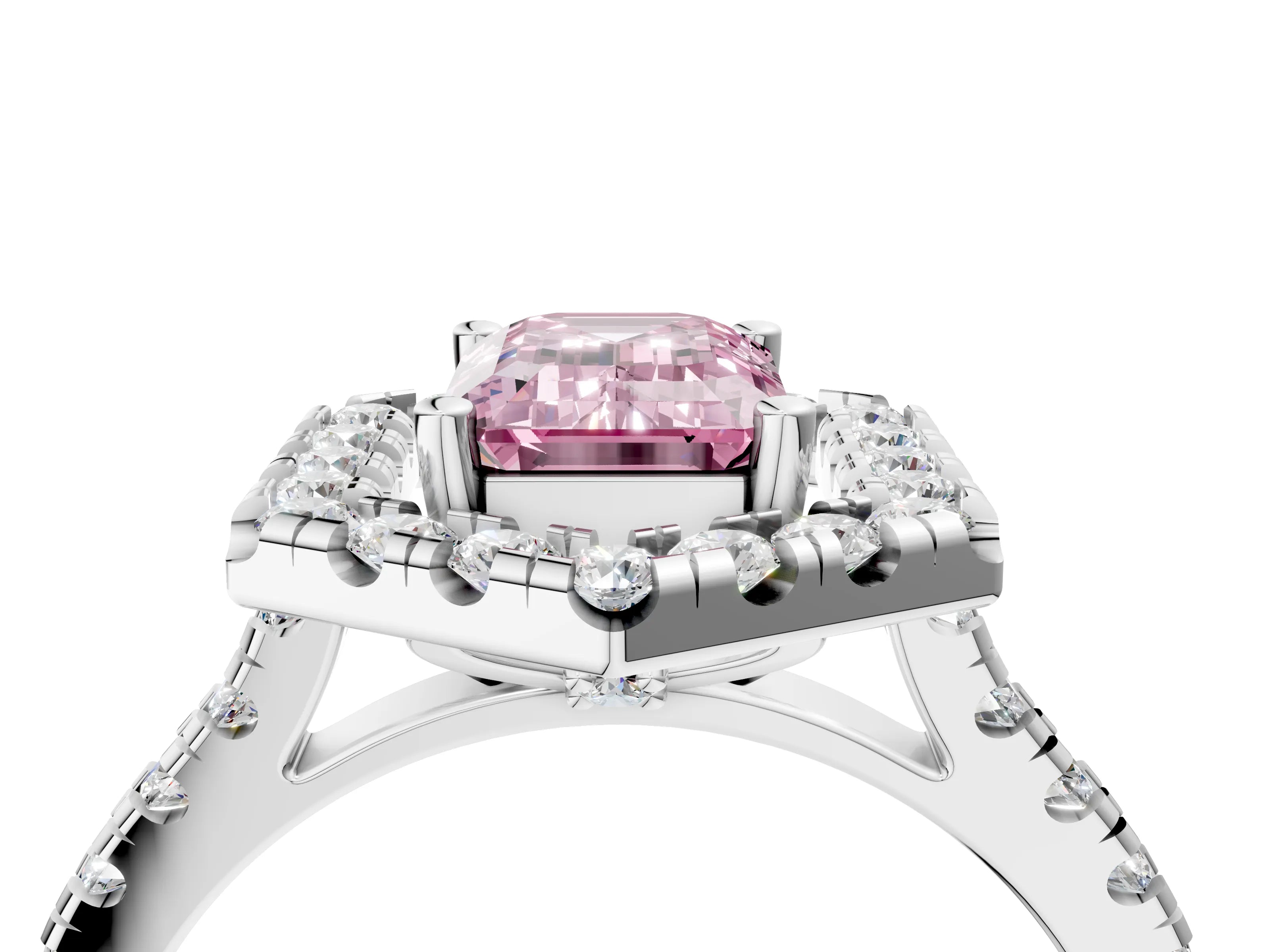 White gold Hexagonal Halo Fancy Pink Emerald Cut Diamond Pavé Band with Four-Prong Setting_16
