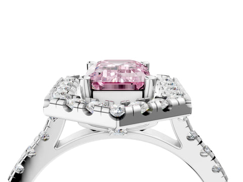 White gold Hexagonal Halo Fancy Pink Emerald Cut Diamond Pavé Band with Four-Prong Setting_16