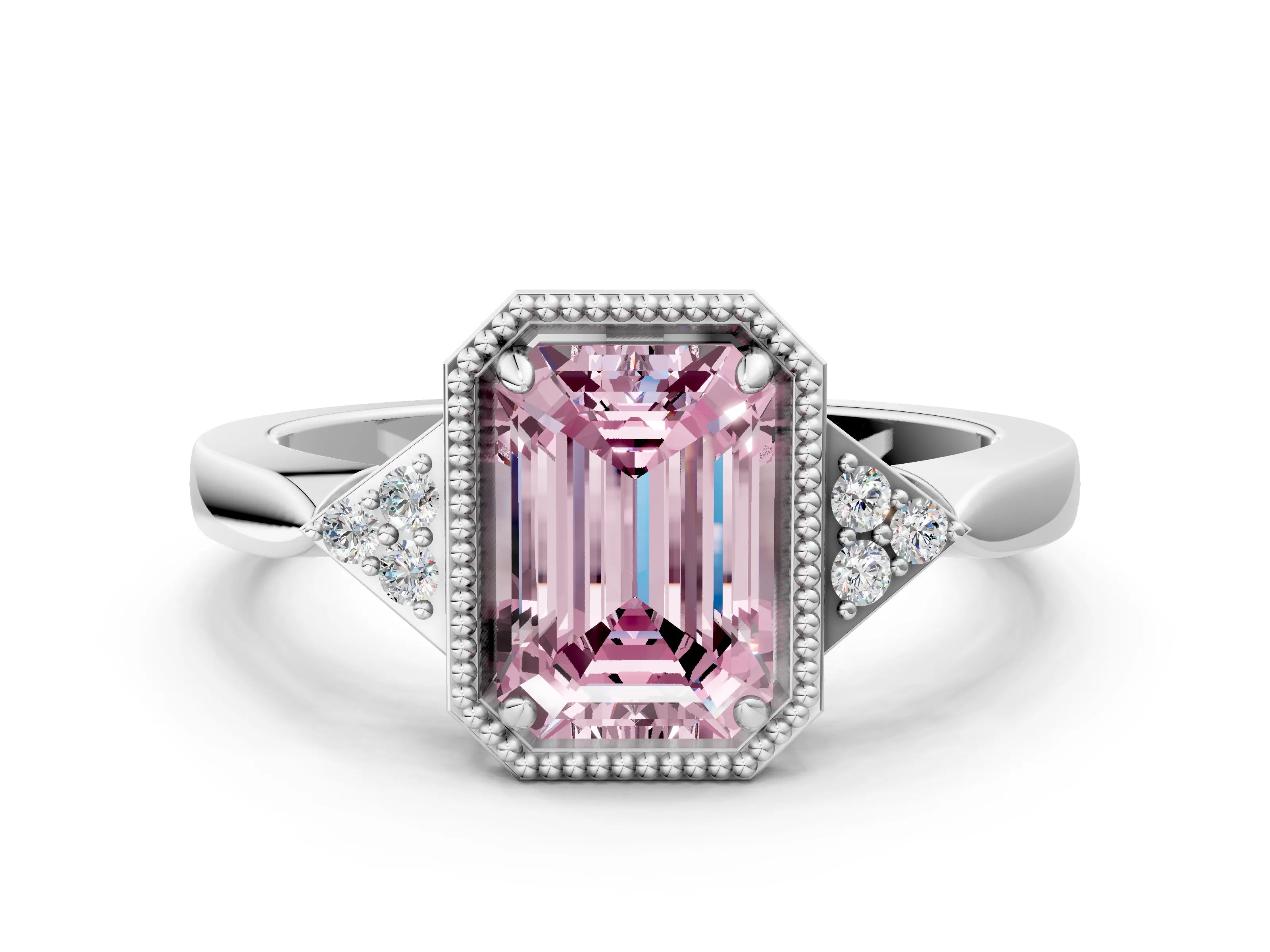 White gold Hexagonal Halo Fancy Pink Emerald Cut Diamond Solitaire with Pavé Band and Four-Prong Setting_15