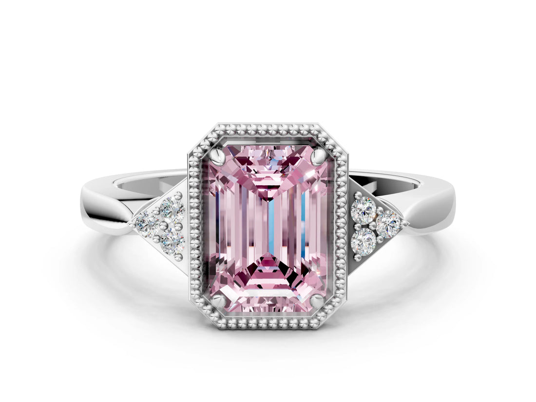White gold Hexagonal Halo Fancy Pink Emerald Cut Diamond Solitaire with Pavé Band and Four-Prong Setting_15