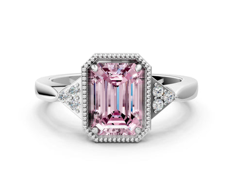 White gold Hexagonal Halo Fancy Pink Emerald Cut Diamond Solitaire with Pavé Band and Four-Prong Setting_15