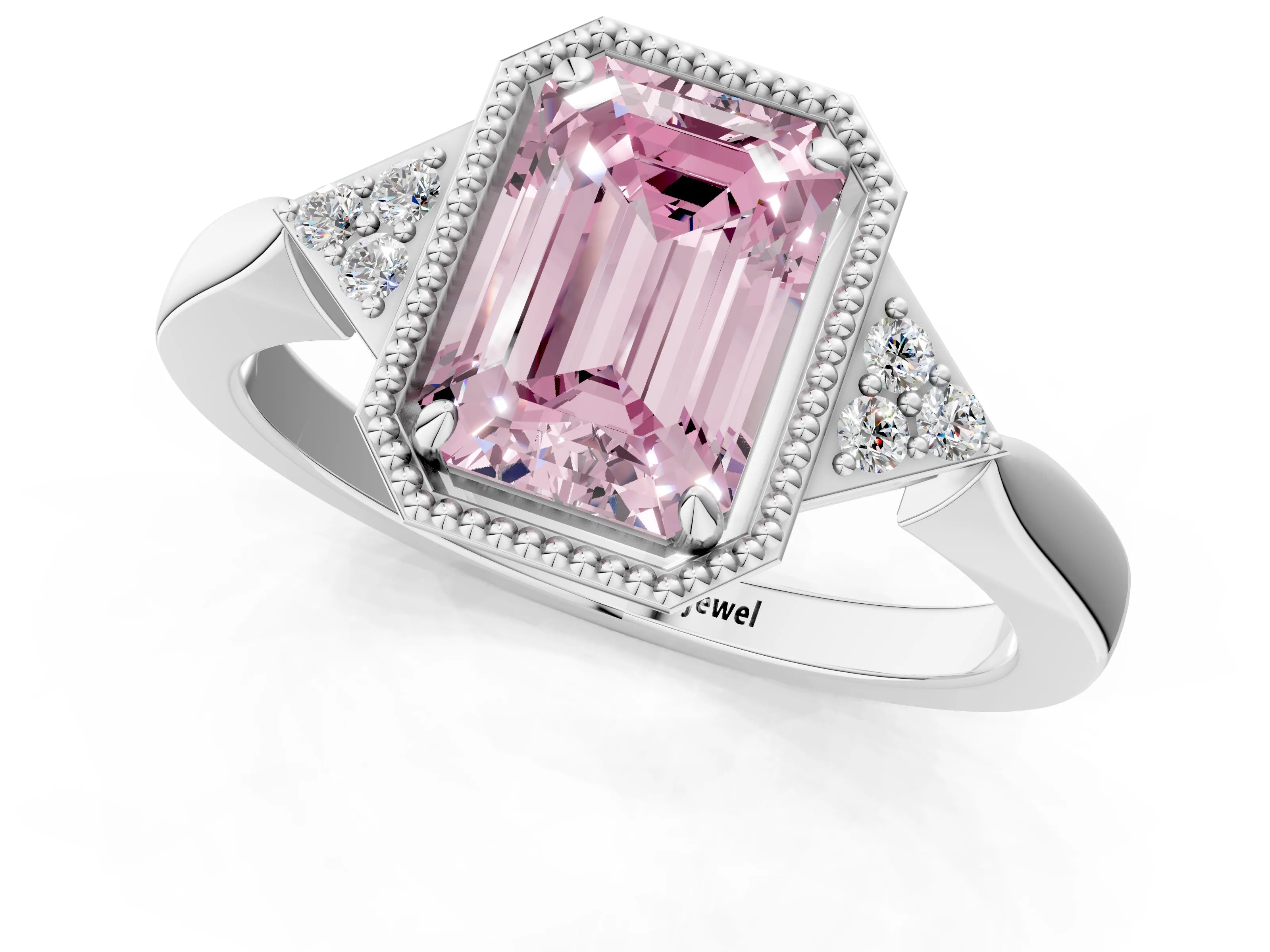White gold Hexagonal Halo Fancy Pink Emerald Cut Diamond Solitaire with Pavé Band and Four-Prong Setting_16