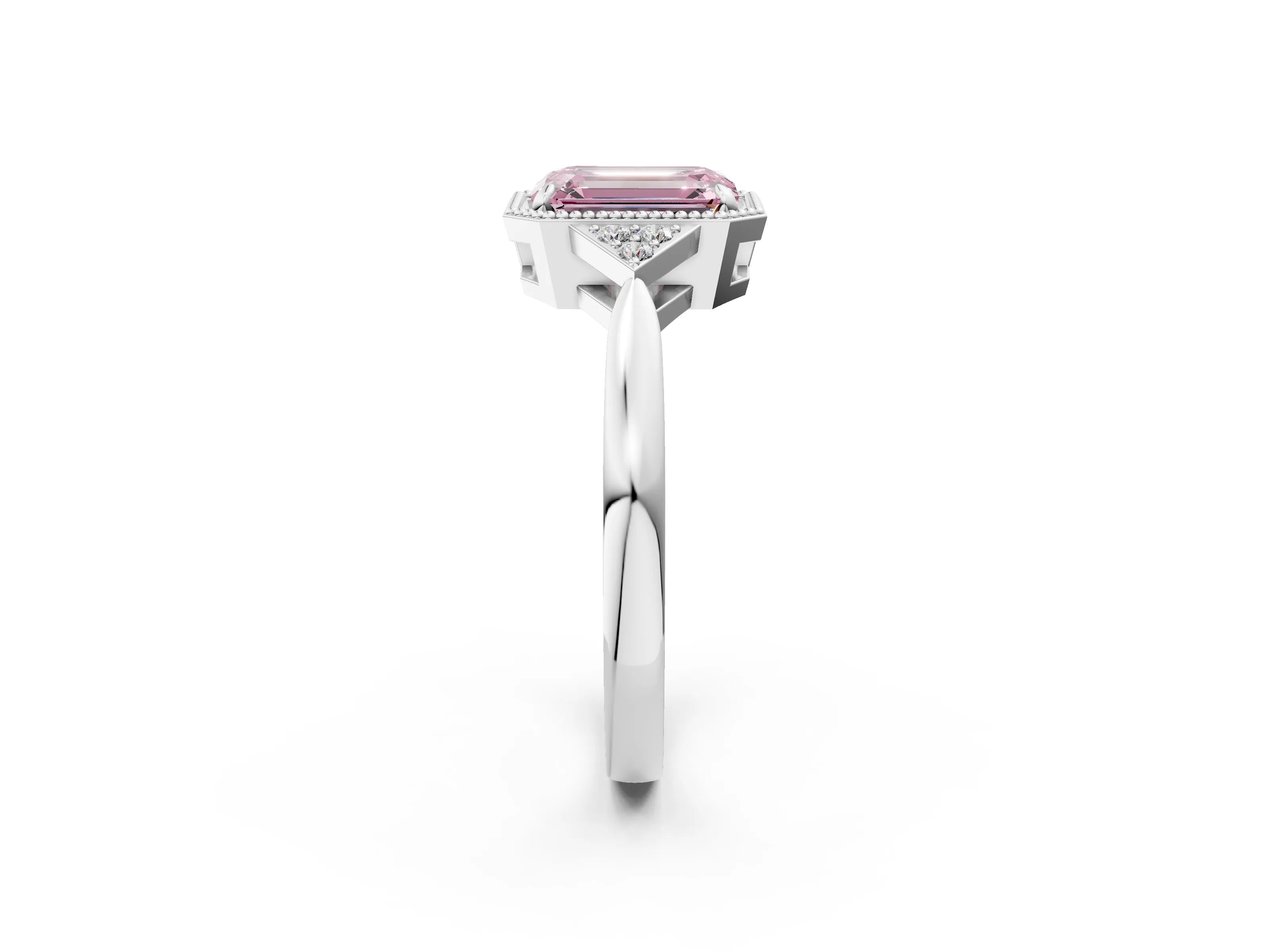 White gold Hexagonal Halo Fancy Pink Emerald Cut Diamond Solitaire with Pavé Band and Four-Prong Setting_17