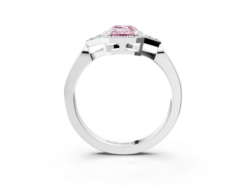 White gold Hexagonal Halo Fancy Pink Emerald Cut Diamond Solitaire with Pavé Band and Four-Prong Setting_18