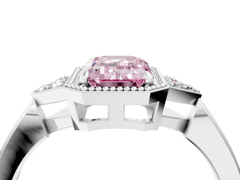 White gold Hexagonal Halo Fancy Pink Emerald Cut Diamond Solitaire with Pavé Band and Four-Prong Setting_19