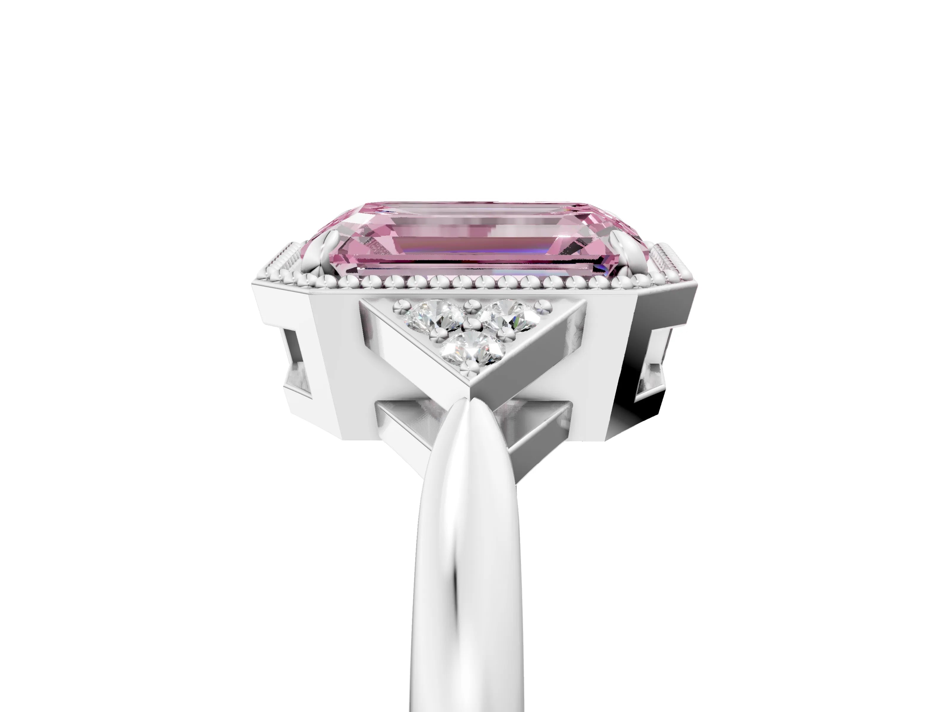White gold Hexagonal Halo Fancy Pink Emerald Cut Diamond Solitaire with Pavé Band and Four-Prong Setting_20
