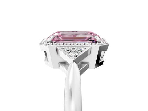 White gold Hexagonal Halo Fancy Pink Emerald Cut Diamond Solitaire with Pavé Band and Four-Prong Setting_20