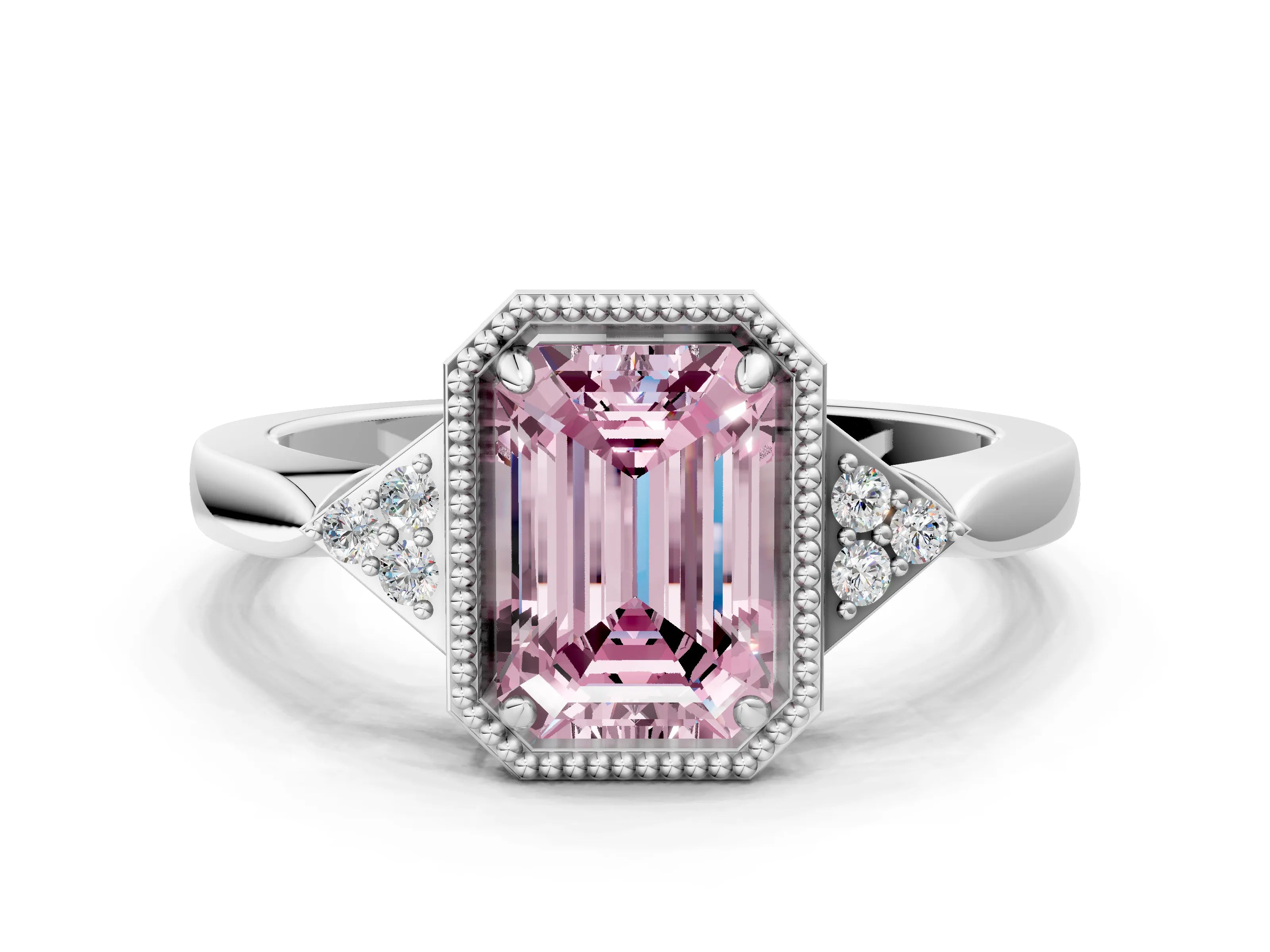 White gold Hexagonal Halo Fancy Pink Emerald Cut Diamond Solitaire with Pavé Band and Four-Prong Setting_3