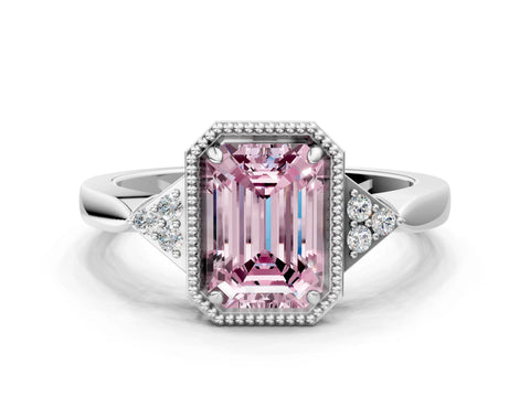 White gold Hexagonal Halo Fancy Pink Emerald Cut Diamond Solitaire with Pavé Band and Four-Prong Setting_3
