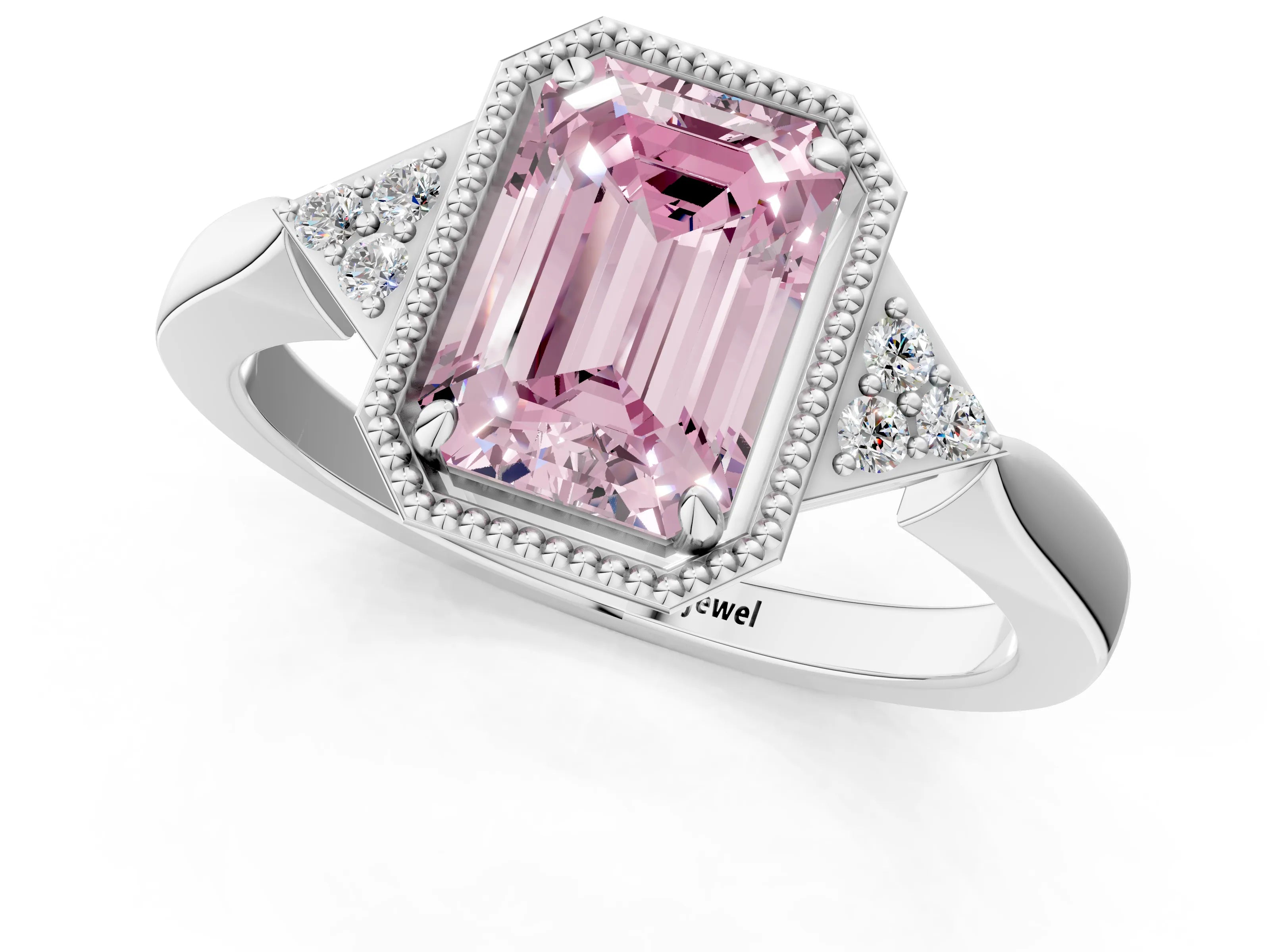 White gold Hexagonal Halo Fancy Pink Emerald Cut Diamond Solitaire with Pavé Band and Four-Prong Setting_4