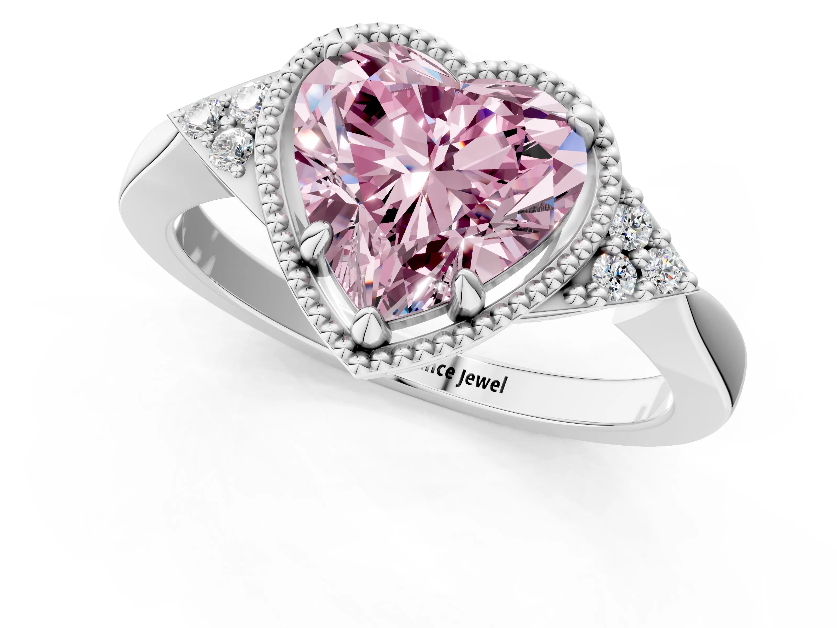 White gold Hexagonal Halo Fancy Pink Heart Cut Diamond Solitaire with Pavé Band and Four-Prong Setting_16