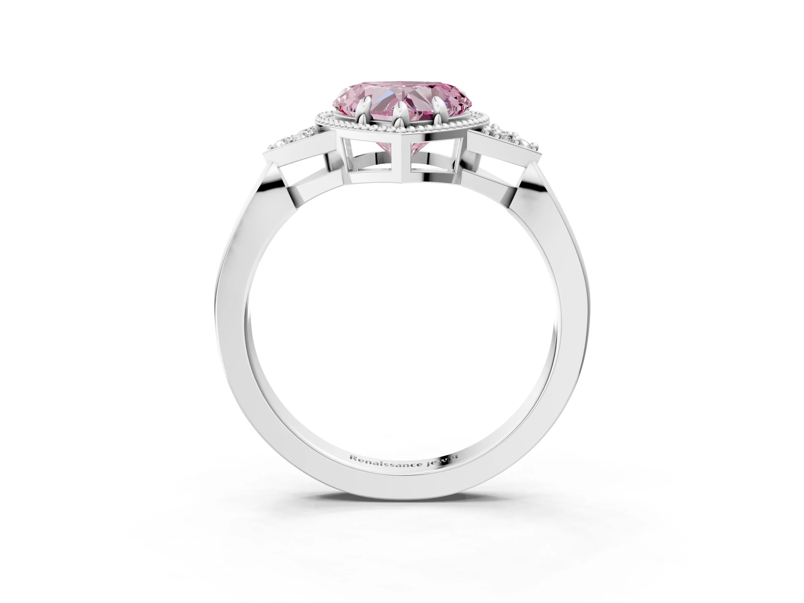 White gold Hexagonal Halo Fancy Pink Heart Cut Diamond Solitaire with Pavé Band and Four-Prong Setting_6