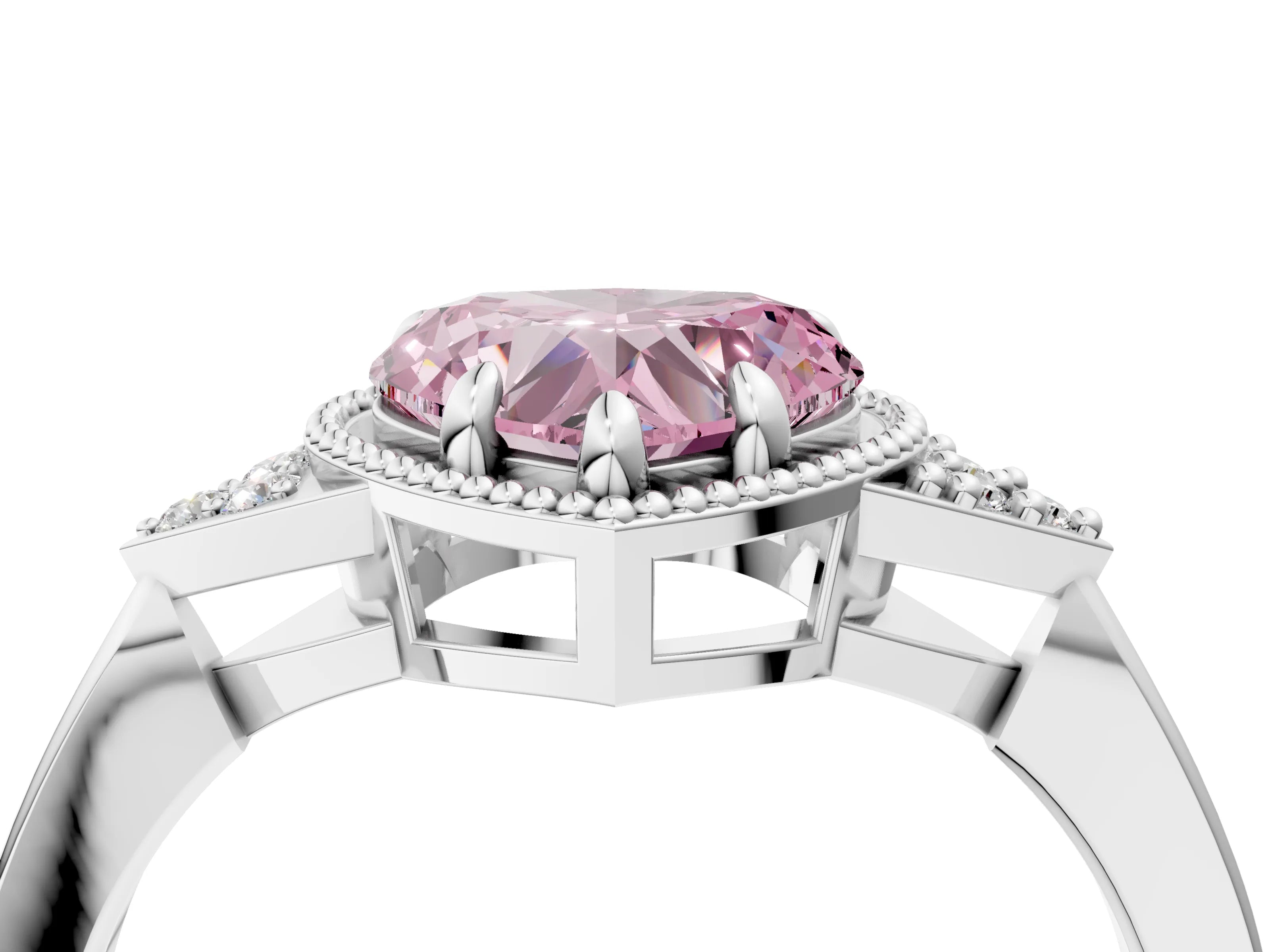White gold Hexagonal Halo Fancy Pink Heart Cut Diamond Solitaire with Pavé Band and Four-Prong Setting_7