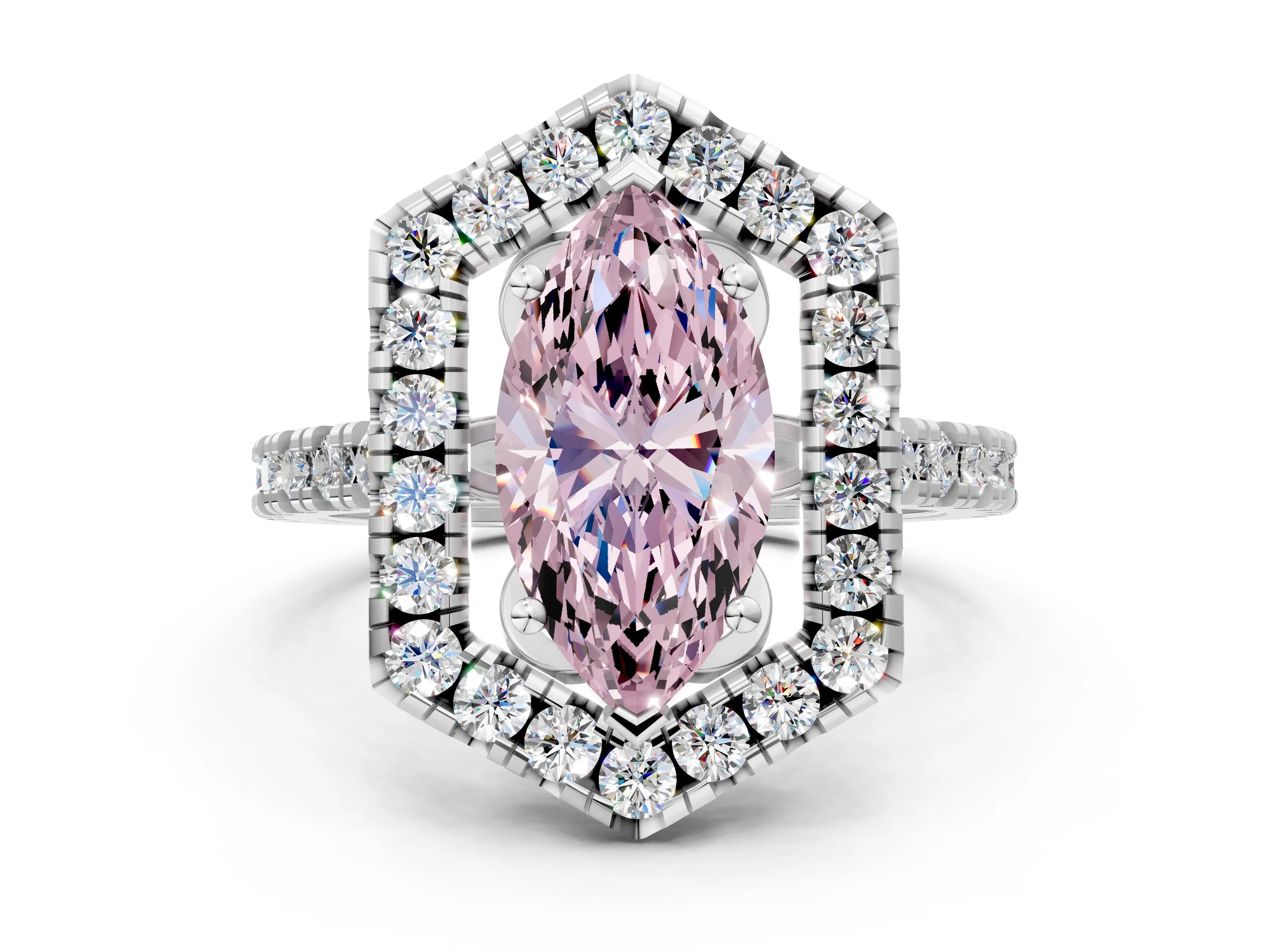 White gold Hexagonal Halo Fancy Pink Marquise Cut Diamond Pavé Band with Four-Prong Setting