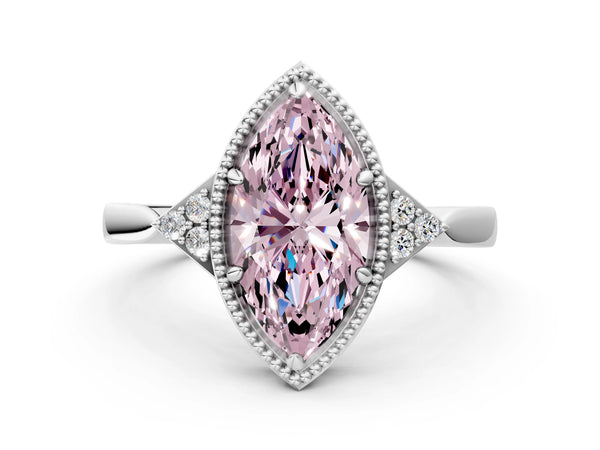 White gold Hexagonal Halo Fancy Pink Marquise Cut Diamond Solitaire with Pavé Band and Four-Prong Setting