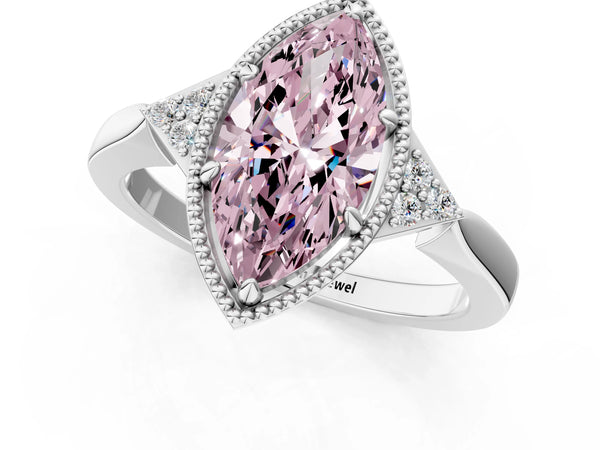 White gold Hexagonal Halo Fancy Pink Marquise Cut Diamond Solitaire with Pavé Band and Four-Prong Setting