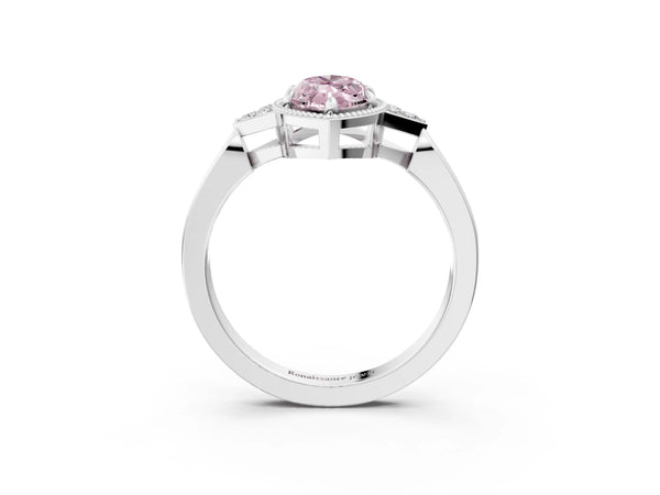 White gold Hexagonal Halo Fancy Pink Marquise Cut Diamond Solitaire with Pavé Band and Four-Prong Setting