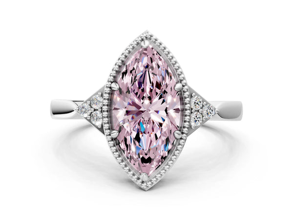 White gold Hexagonal Halo Fancy Pink Marquise Cut Diamond Solitaire with Pavé Band and Four-Prong Setting