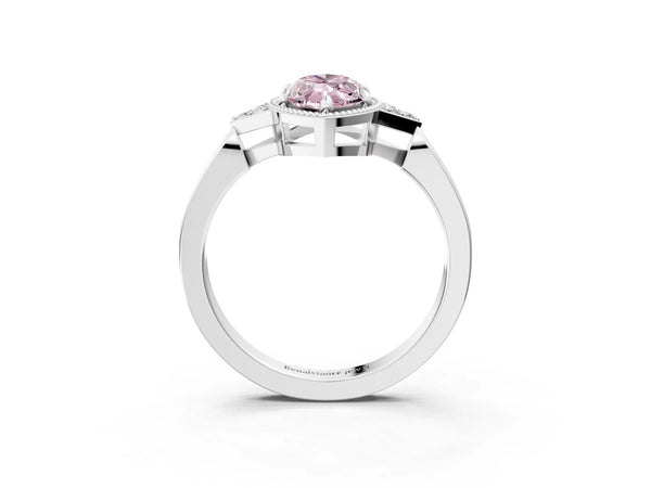 White gold Hexagonal Halo Fancy Pink Marquise Cut Diamond Solitaire with Pavé Band and Four-Prong Setting