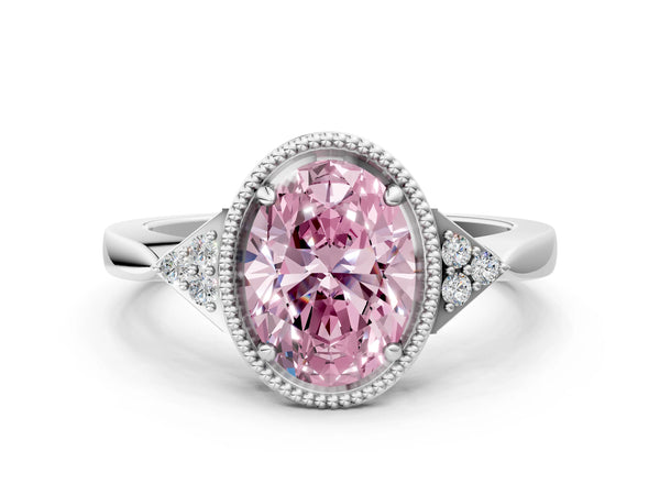 White gold Hexagonal Halo Fancy Pink Oval Cut Diamond Solitaire with Pavé Band and Four-Prong Setting