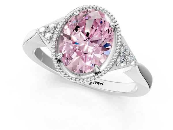 White gold Hexagonal Halo Fancy Pink Oval Cut Diamond Solitaire with Pavé Band and Four-Prong Setting