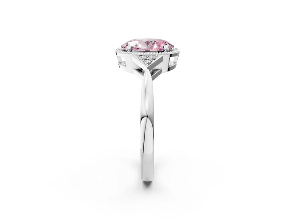 White gold Hexagonal Halo Fancy Pink Oval Cut Diamond Solitaire with Pavé Band and Four-Prong Setting