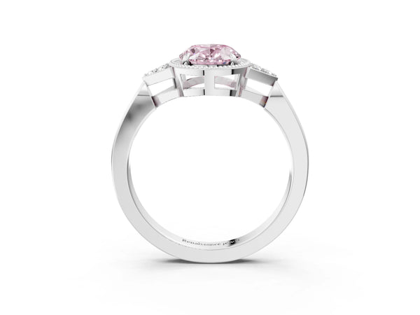White gold Hexagonal Halo Fancy Pink Oval Cut Diamond Solitaire with Pavé Band and Four-Prong Setting