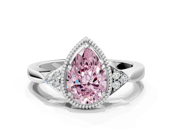 White gold Hexagonal Halo Fancy Pink Pear Cut Diamond Solitaire with Pavé Band and Four-Prong Setting