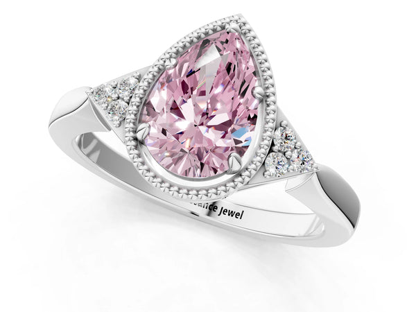 White gold Hexagonal Halo Fancy Pink Pear Cut Diamond Solitaire with Pavé Band and Four-Prong Setting